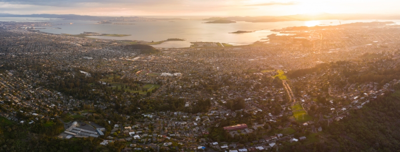 Late evening light shines on the East Bay and San Francisco Bay in Northern California. This region of the west coast is densely populated but is not far from Lake Tahoe and Yosemite National Park.