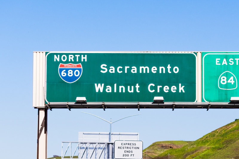 North Interstate 680 towards Walnut Creek and Sacramento freeway signage, East San Francisco bay, California