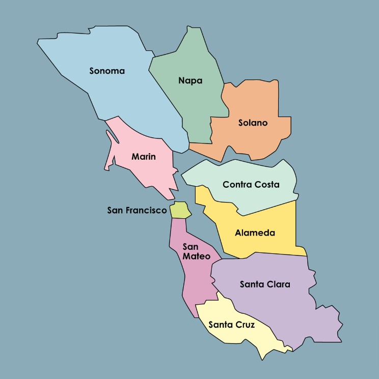 Map of San Francisco Bay area counties, including Contra Costa County and Alameda County.