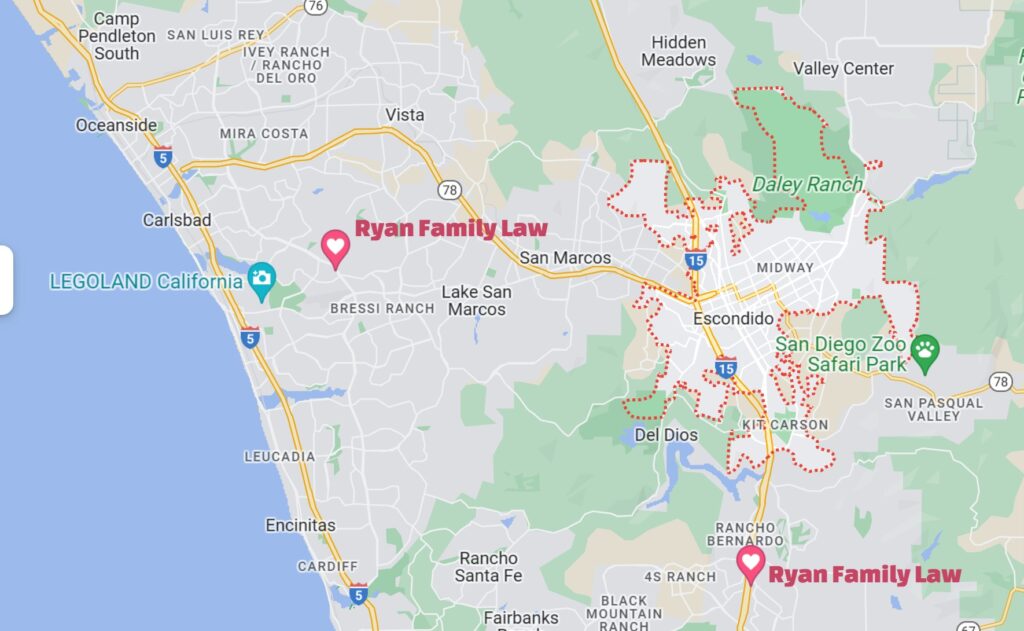 Map showing 2 office locations of Ryan Family Law - Escondido Divorce Attorney Paul J. Ryan