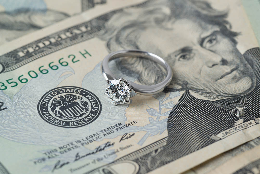 image of a diamond wedding ring on stack of $20 bills - Sand Diego spousal support - alimony attorneys at Ryan Family Law